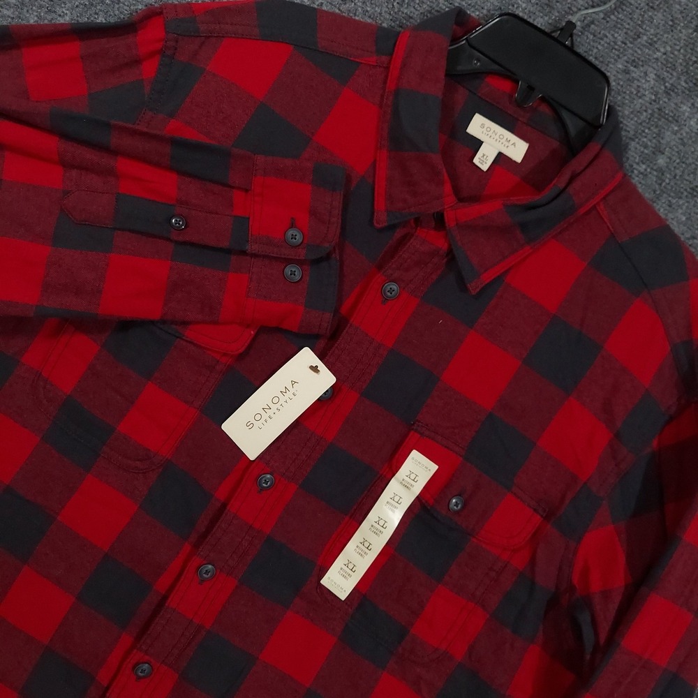 SONOMA LIFE+STYLE Shirt Mens‎ XL Red Buffalo Plaid Weekend Flannel Casual Button